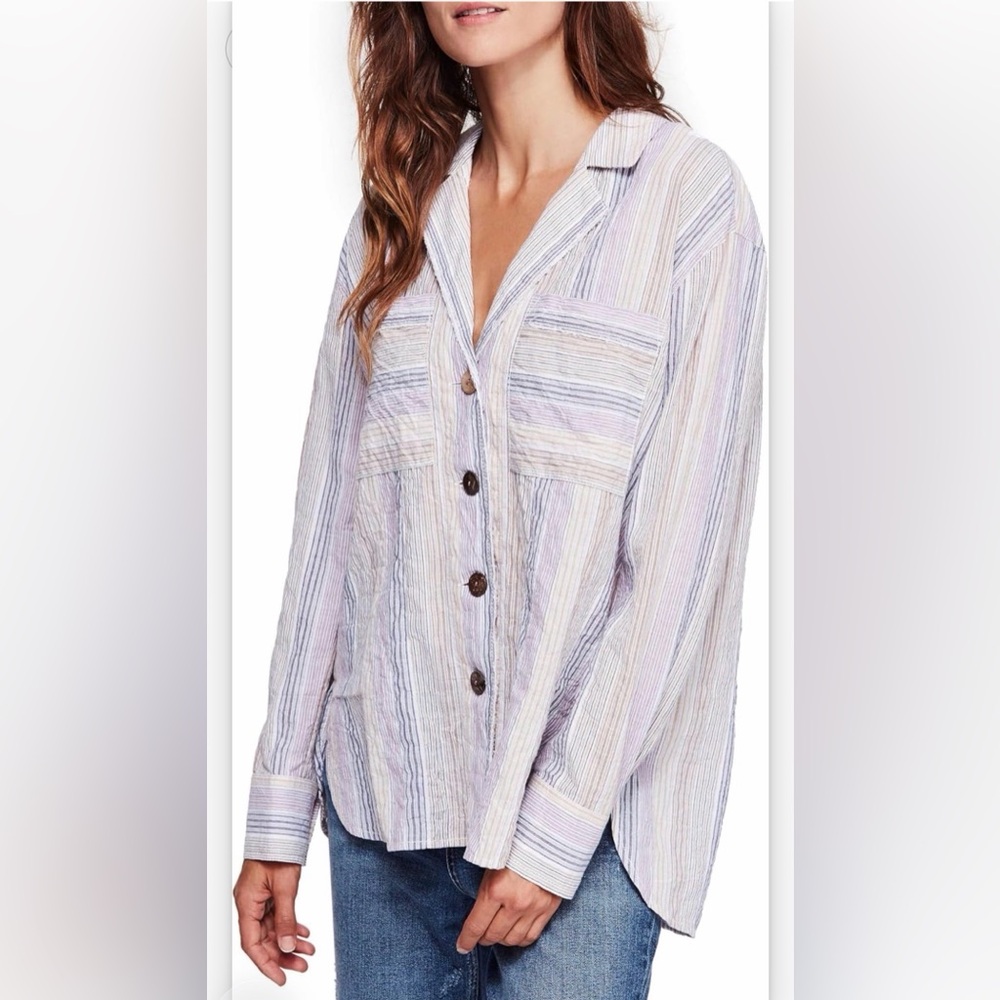 Free People Womens High Tide Striped Boho Button-Down Top Purple